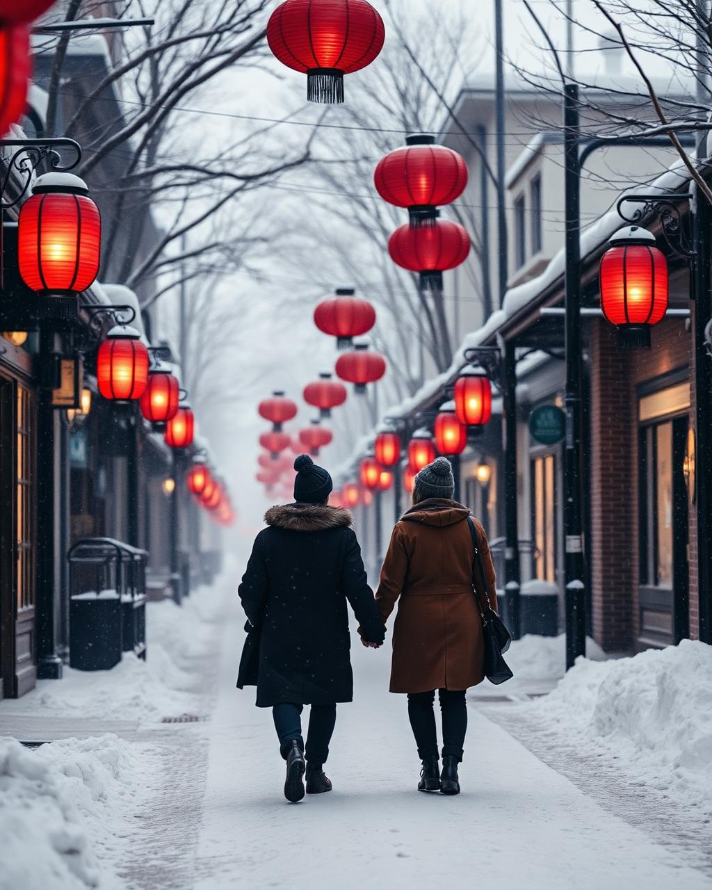 情侣漫步雪夜红灯街道